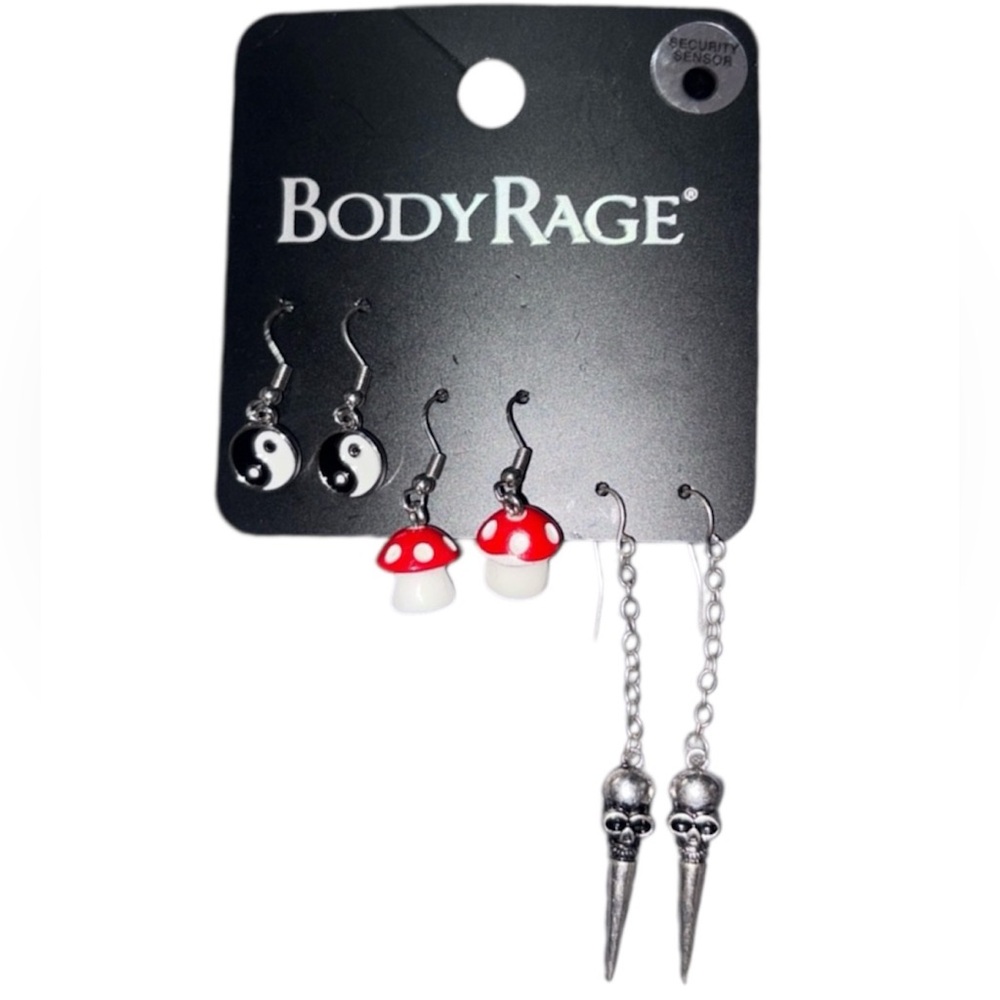Body Rage Set Of 3 Resin Mushroom, Yin & Yang & Dagger Dangles Earrings NEW!